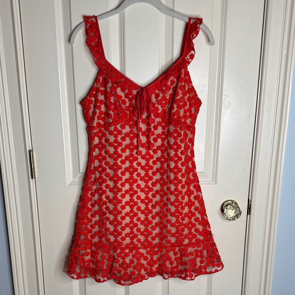 Fabric Red Flower Lace Overlay Mini Dress